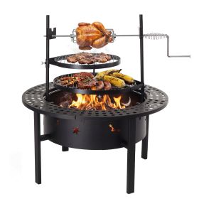33 inch Outdoor Fire Pit with 2 Cooking Grills, Wood Burning Firepit with Removable Swivel Grill, for Backyard Deck Bonfire Patio Picnic, Black