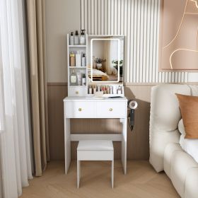 Modern small Vanity Desk ,featuring 3 modes of LED lighting with adjustable brightness, 3 drawers and multiple open storage shelves