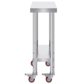 Stainless Steel Work Table 12 x 24 x 34 Inch, 700 LBS Load Capacity with 4 Wheels, 3 Adjustable Height Levels