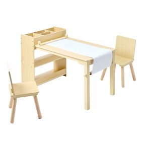 Kids Art Table and Chair Set, Toddler Craft Table with 3 Tiers Storage Cabinet, Wooden Kids Activity Play Desk with 2 Chairs