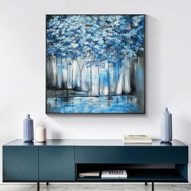 Pure Hand Painted Oil Painting Blue Forest Nordic Abstract On Canvas Wall Art Decorative Trees Painting Living Room Porch Canvas Art Atmospheric (Style: 01, size: 100x100cm)
