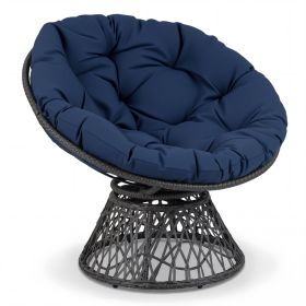Swivel Papasan Chair Round Wicker Lounge Chair with Thick Cushion (Color: Navy)