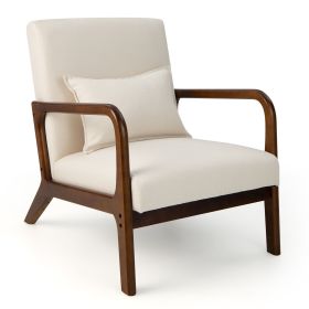 Modern Accent Chair with Rubber Wood Frame and Lumbar Pillow (Color: Beige)