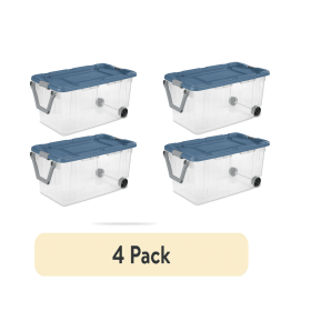 160 Quart Wheeled Stacker, Extra Large Durable Clear Bin, Latch Lid and Pull Handle, 4 Pack (Color: Green / Clear)